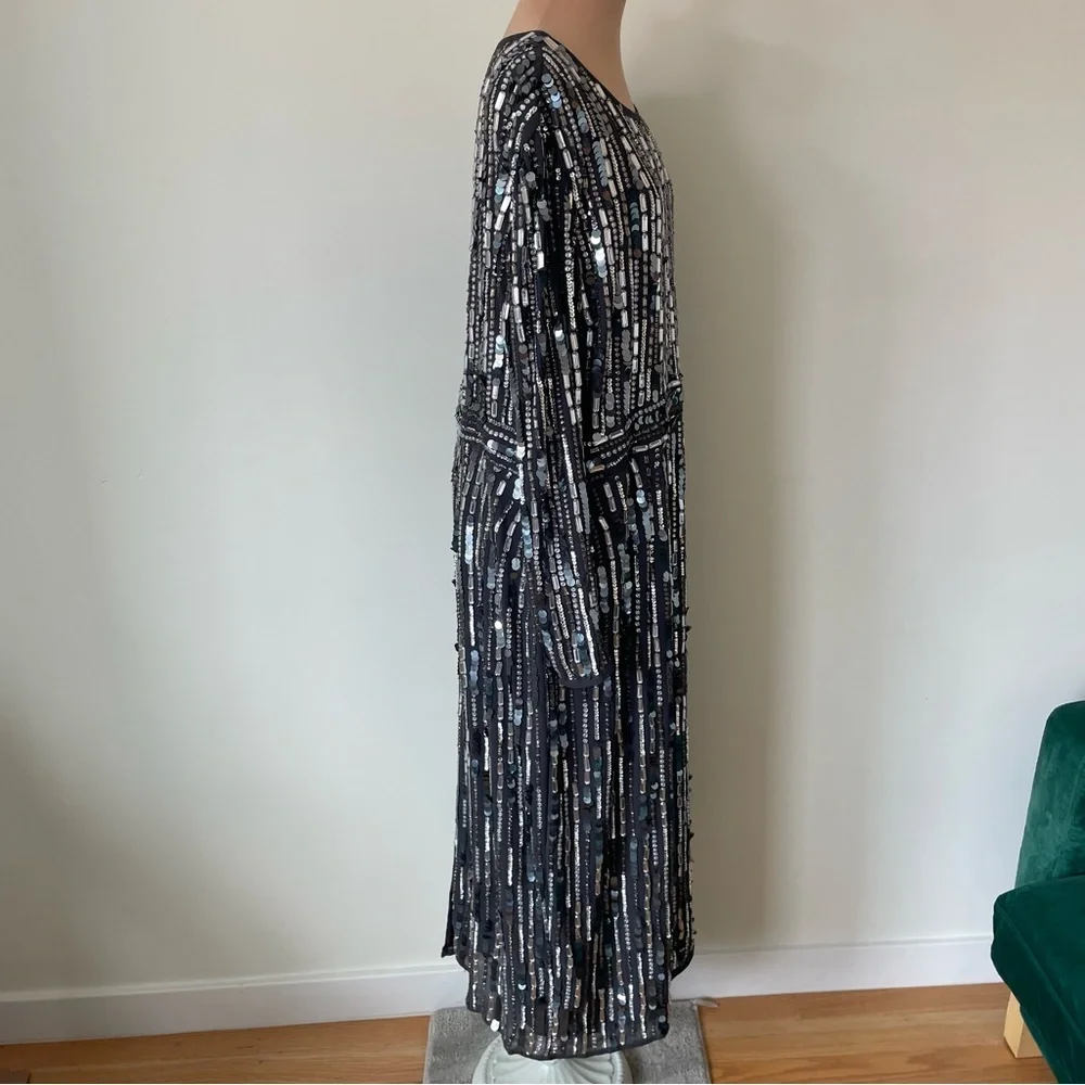 MAC DUGGAL Charcoal Gray Embellished High Neck Long Sleeve Fitted Dress NWT 16